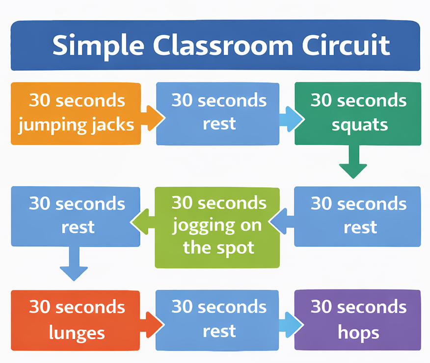 A simple exercise circuit that can be done in school in a classroom in 5 minutes
