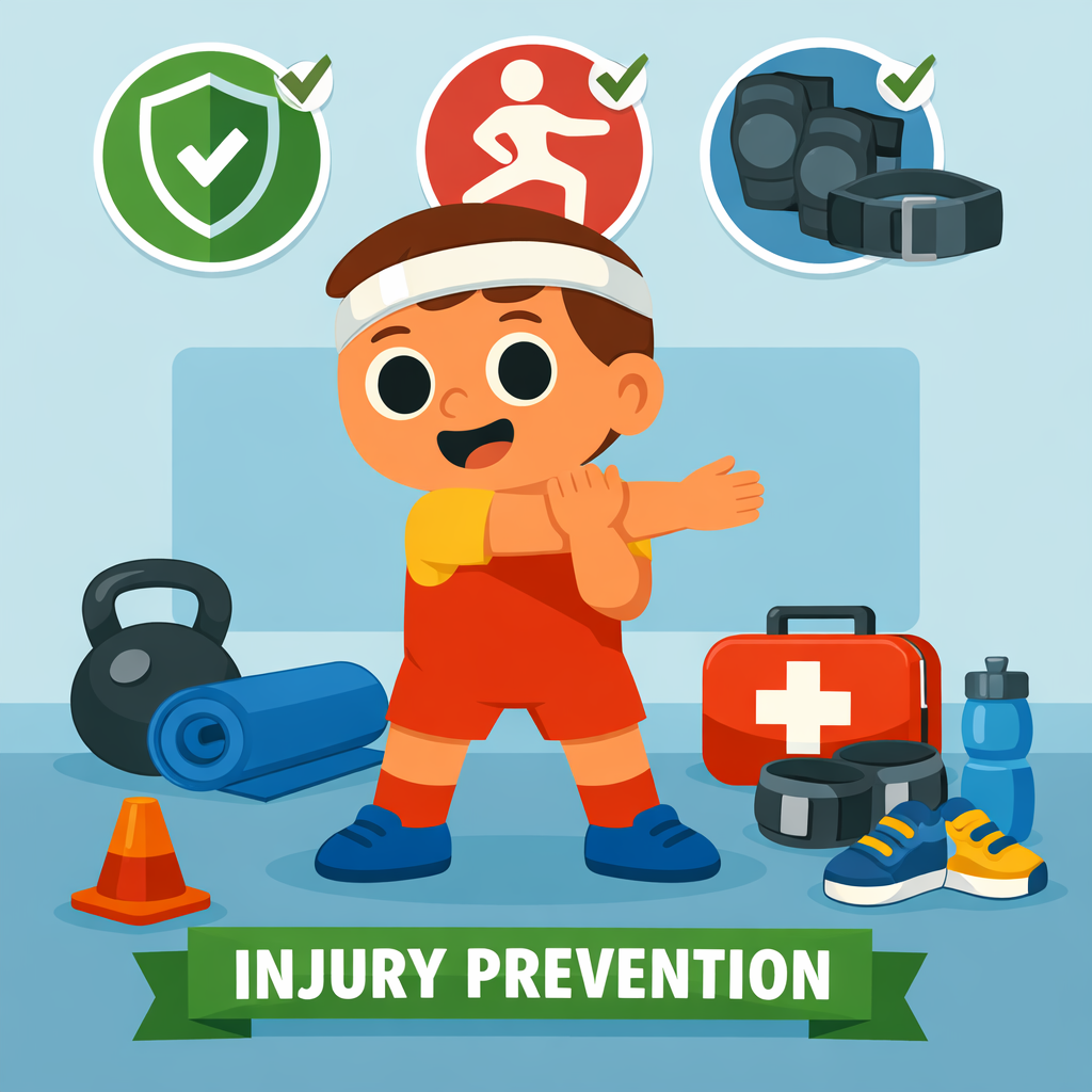 A cartoon image of a boy stretching surrounded by gym and medical equipment and text that reads "injury prevention"