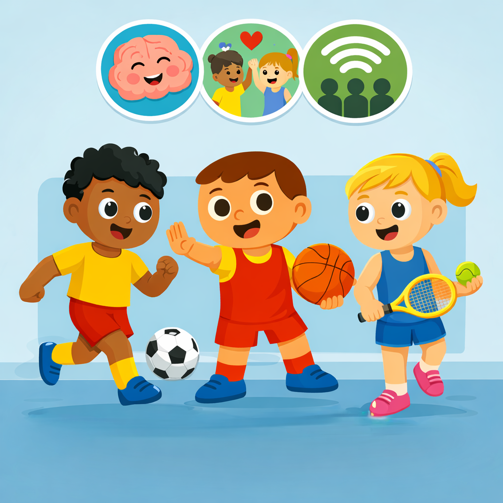 A cartoon image of kids playing multiple sports and socialising, improving their mental health