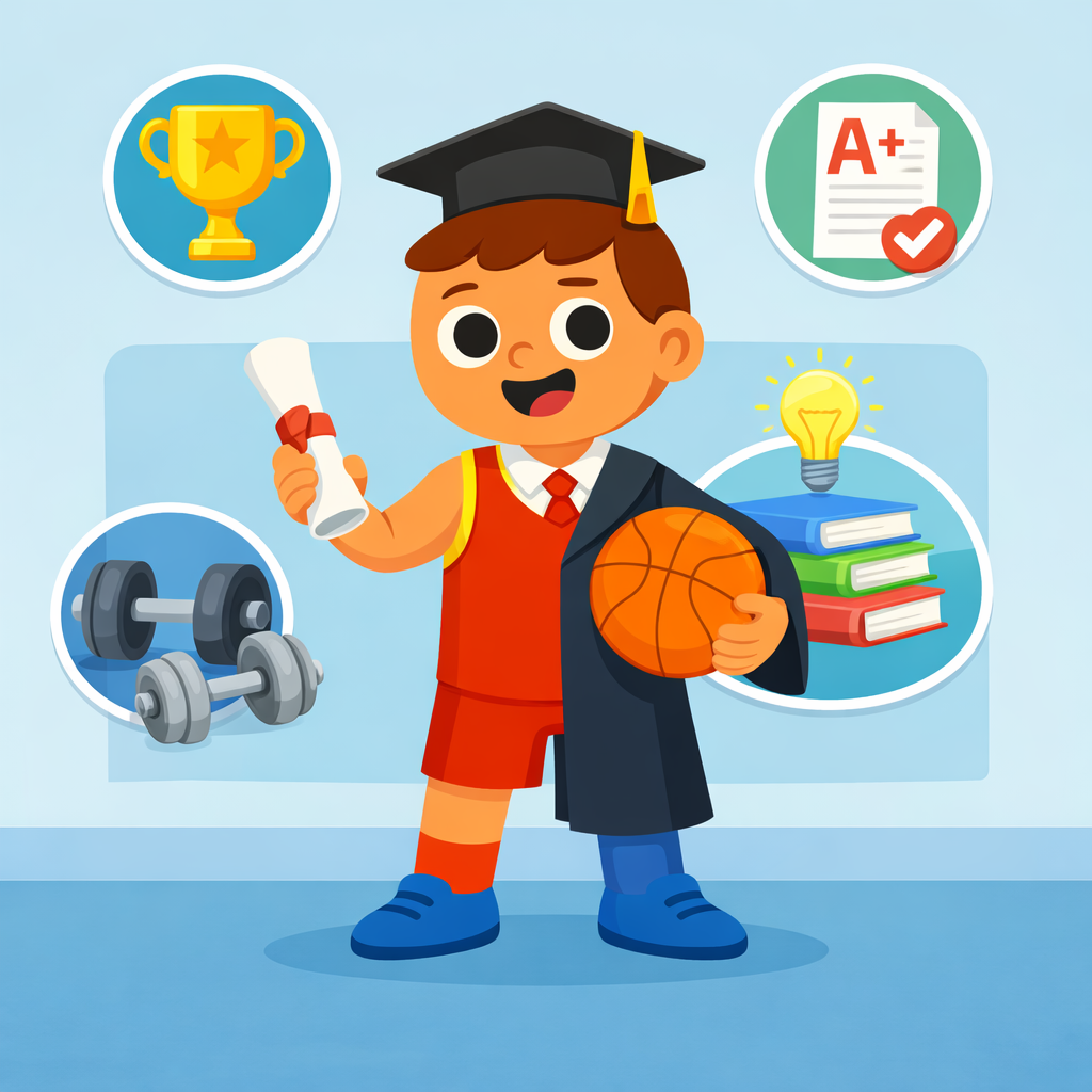 A cartoon image of a boy half wearing sporty clothes and half wearing academic robes.