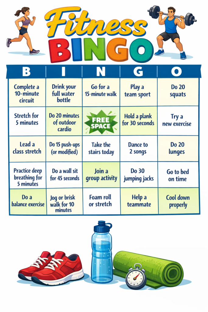 A bingo card with fitness and health challenges