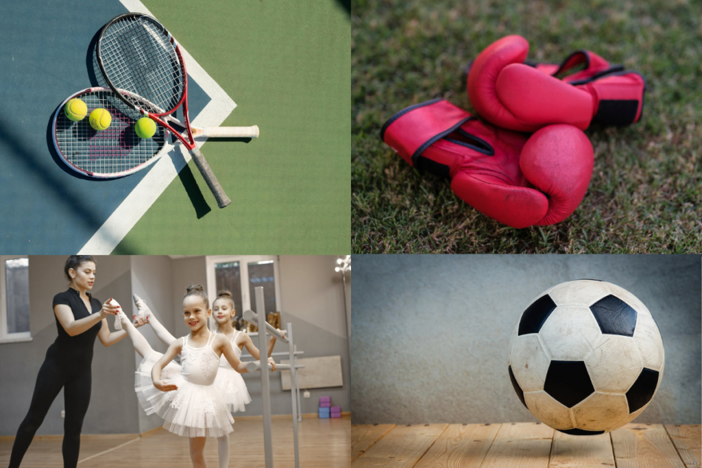4 images depicting different sports: Tennis, Boxing, Football and Dancing