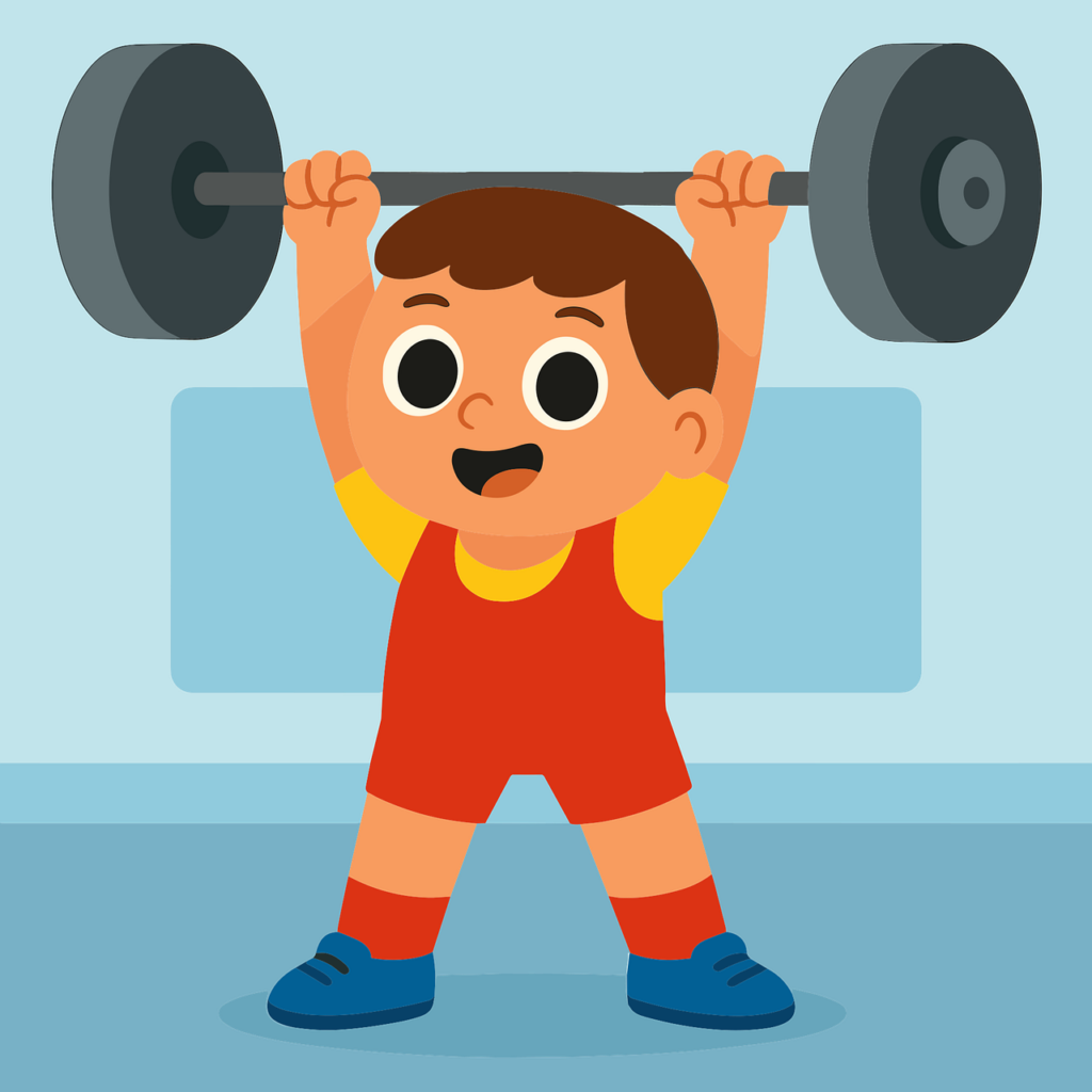 Cartoon image of a boy lifting weights overhead