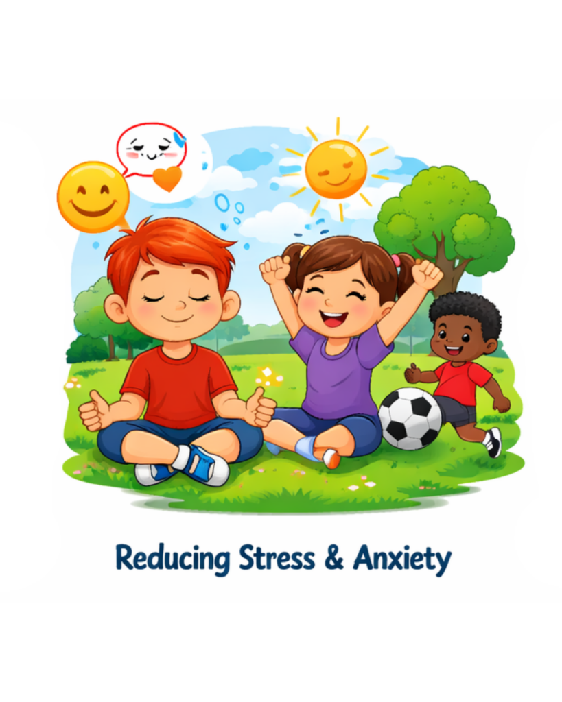 Cartoon kids meditating outside with the sun in the background looking happy