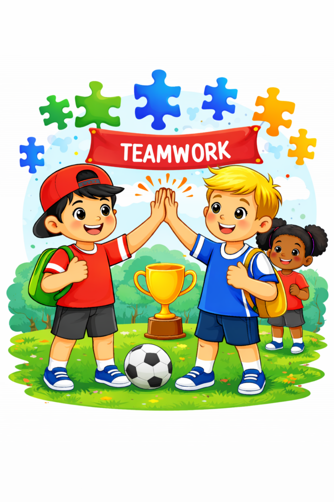 Two cartoon boys giving each other a high five in front of a banner that says "teamwork" with a trophy and football present on the ground nearby. they look ready to play sport.
