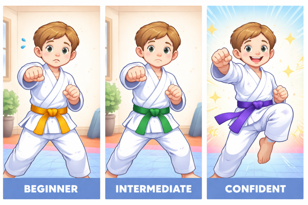 A kid with a disability doing karate looking slowly more confident as he progresses through the coloured belts