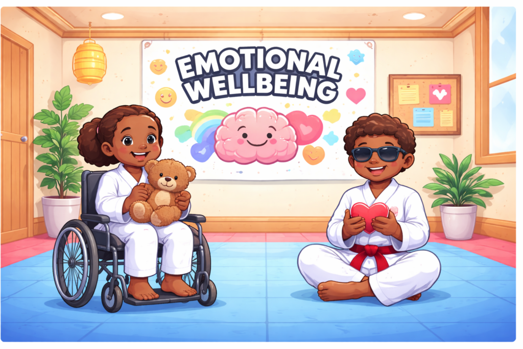 Two kids with disabilities sitting together in a karate dojo, one holding a teddy bear, the other holding a heart.