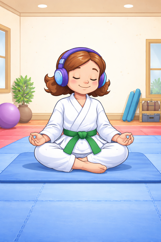 A kid with a disability meditating in a karate dojo, improving her focus and self-regulation