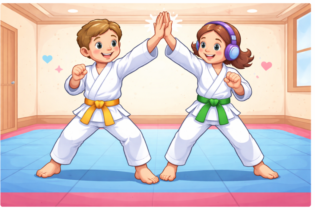 A boy and a girl with disabilities high-fiving while doing karate together in a dojo.