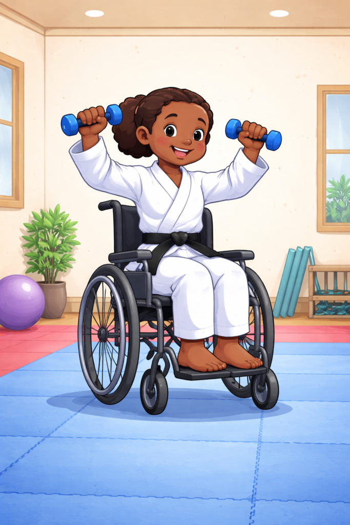 A kid with a disability strength training in a karate dojo, lifting weights above his head while sitting in a wheelchair