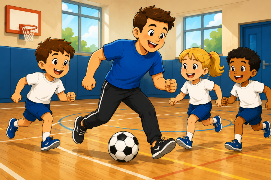 A PE coach encouraging his students to exercise by participating in P.E.