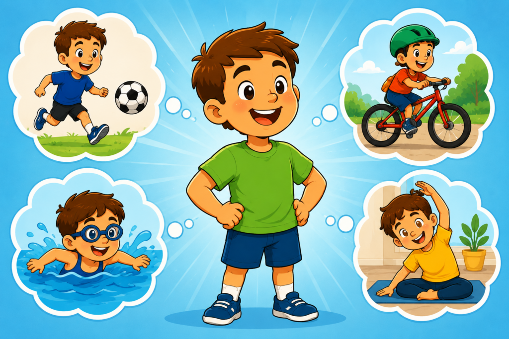 A boy with high physical literacy looking confident while thinking about several sports and physical activities