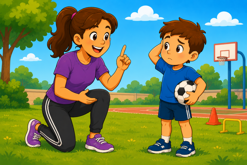 an adult teacher or coach is encouraging a boy to try sport.