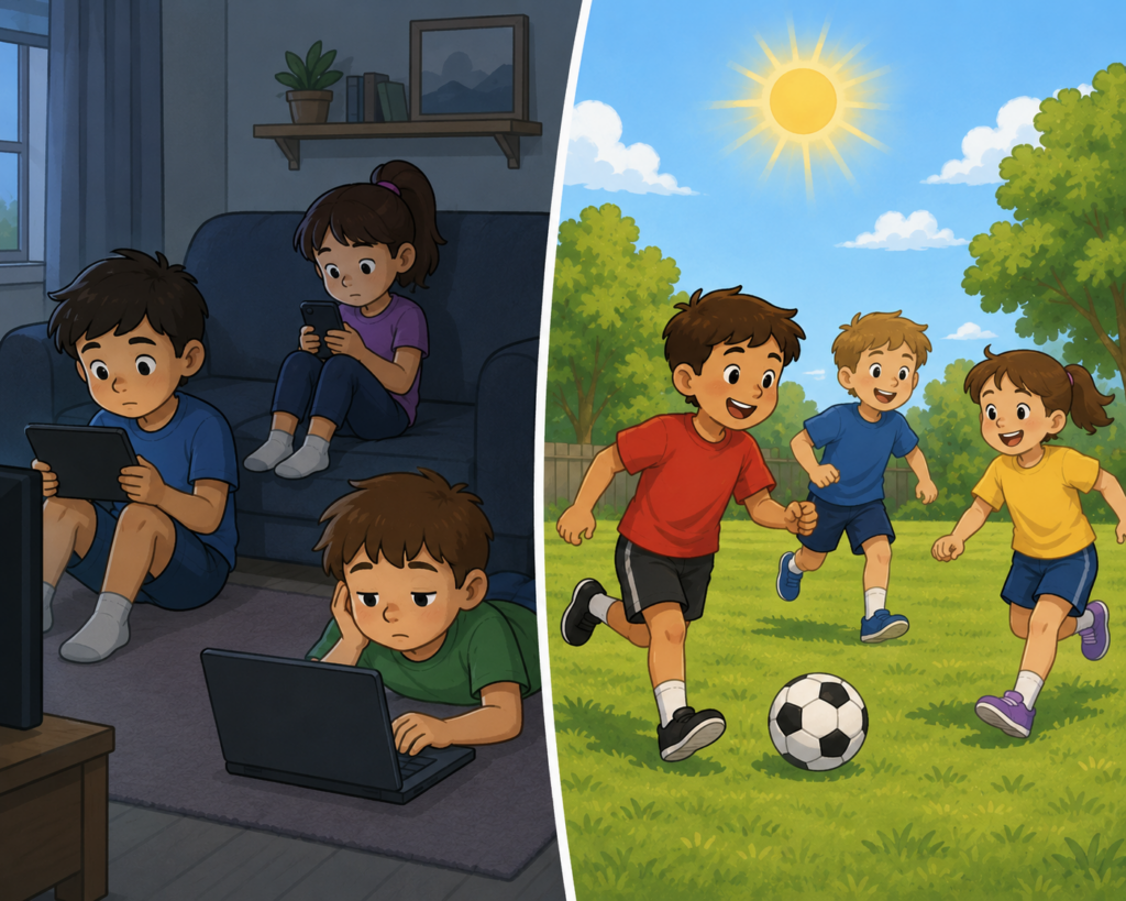 Cartoon kids playing on screens instead of playing outside