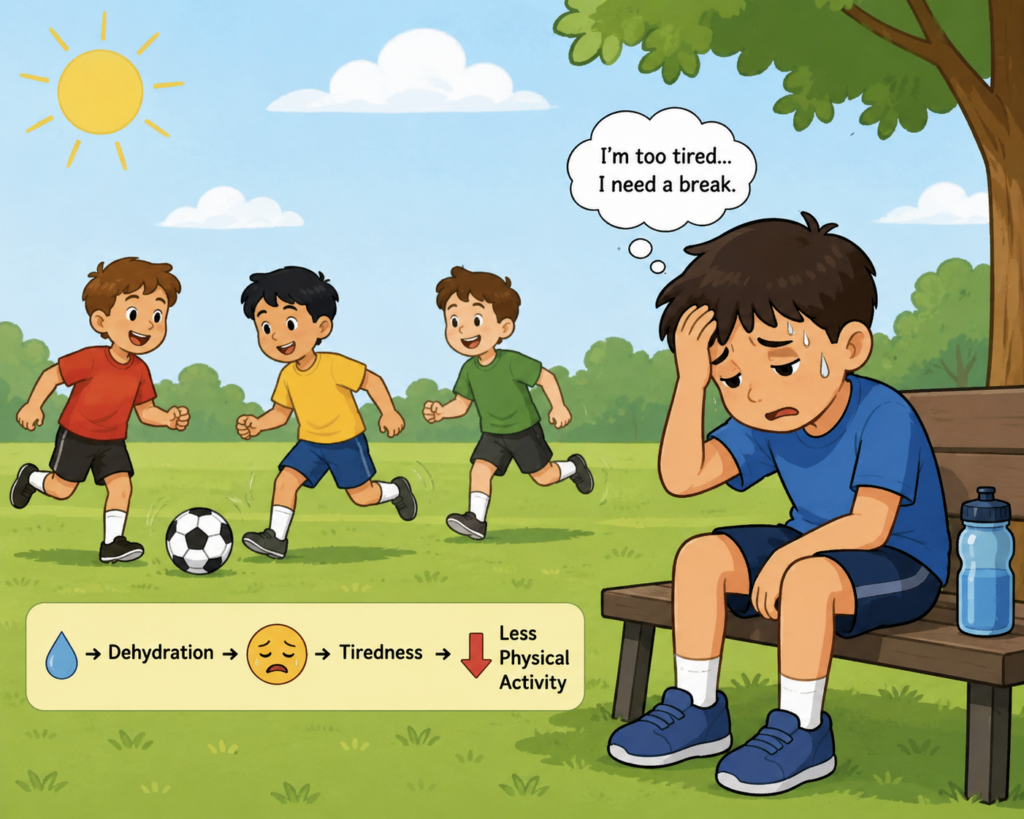 Cartoon boy sitting out of physical activity because he's dehydrated