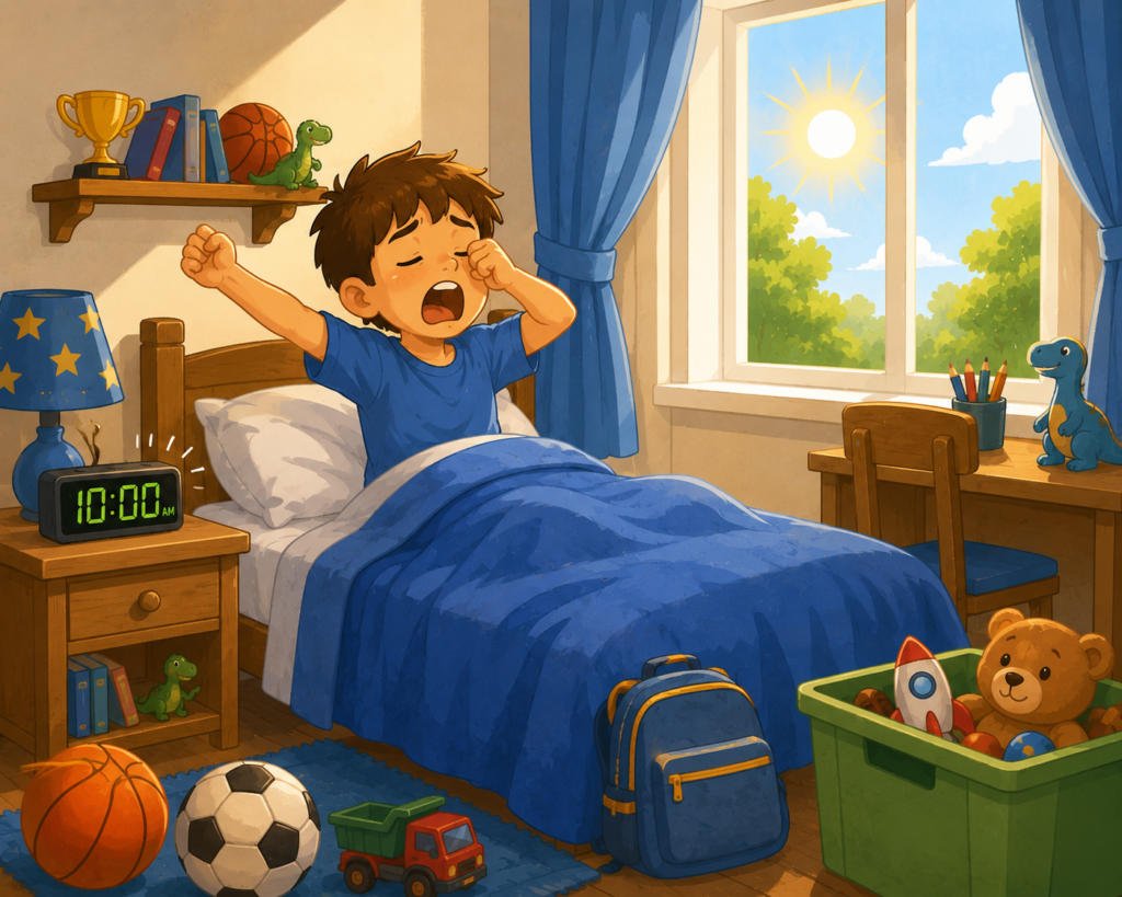 Cartoon boy waking up late during the summer holidays