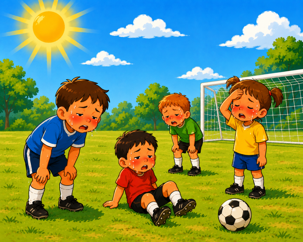 Cartoon children overheating in the sun in Ireland during active play